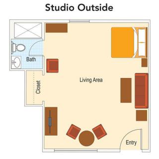 Studio apartment floor plan with designated living and bathroom areas.