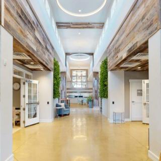 A spacious and modern hallway featuring wood accents and ample natural light.