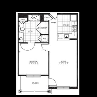 A floor plan of a one-bedroom apartment featuring a bathroom, kitchen, living room, and balcony.