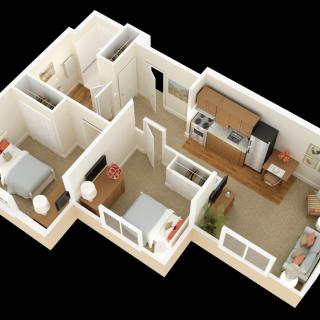 3D floor plan of a two-bedroom apartment with living area and kitchen.