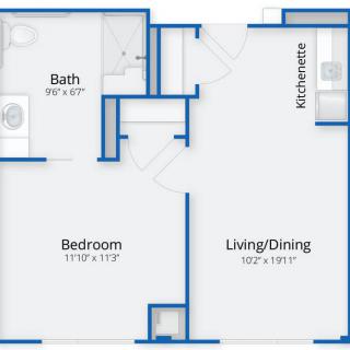 A floor plan of a one-bedroom apartment featuring a living/dining area, kitchen, bedroom, and bathroom.