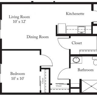 A floor plan of a one-bedroom apartment with a living room, dining room, kitchenette, bathroom, and closet.