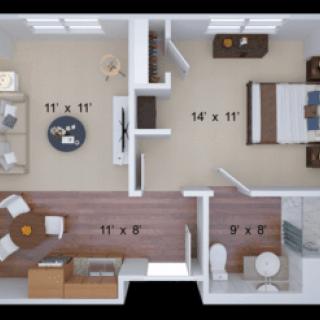 A detailed floor plan of a one-bedroom apartment featuring a living room, bedroom, bathroom, and kitchen area.