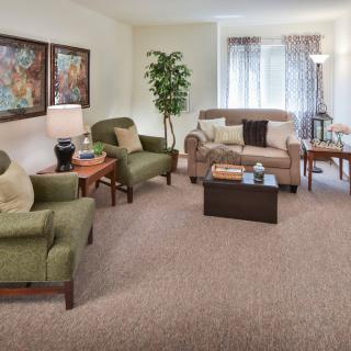 A cozy living room with comfortable seating, decorative elements, and natural lighting.