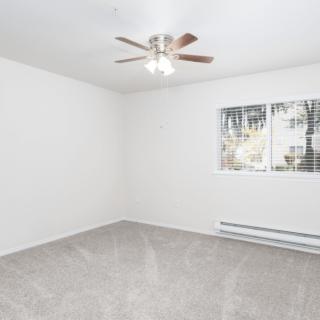 An empty room with white walls, carpeted floor, a ceiling fan, and a window.