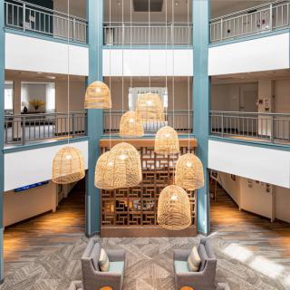 Modern lobby with stylish lighting and contemporary design.