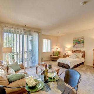 A cozy and modern apartment interior featuring a combined living and sleeping area with stylish furniture.