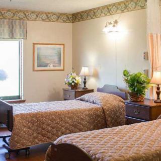 A hospital room featuring two neatly made twin beds with floral patterned bedspreads, soft lighting, and a large window allowing natural light to enter.