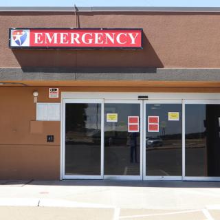 Entrance to an emergency room at a medical facility.