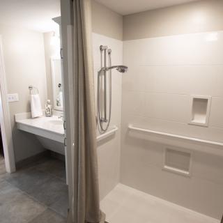 A modern, accessible bathroom with a shower equipped with handrails and a sink with a mirror.