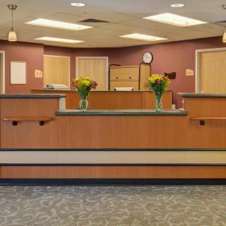 A welcoming office reception desk adorned with floral arrangements.