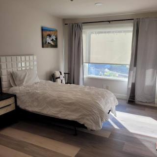 A minimalist bedroom with a neatly made bed, large window, and ample natural light.