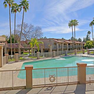 A serene view of an apartment complex featuring a sparkling swimming pool surrounded by palm trees.