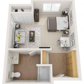 A 3D floor plan of a one-bedroom apartment, featuring a living area, kitchen, bedroom, and bathroom.
