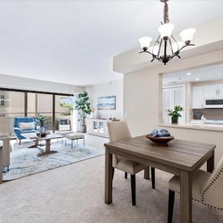 A stylish and modern open-concept living and dining area, featuring ample natural light and contemporary furnishings.