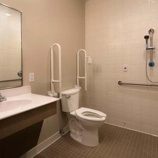 An accessible bathroom with grab bars, a toilet, and a sink.