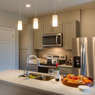 A modern kitchen featuring stainless steel appliances, a sleek countertop, and stylish lighting.