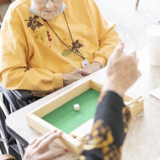 Seniors playing a dice game at a table.