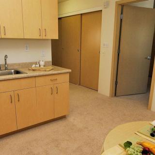 A modern kitchen interior with wooden cabinets and a countertop.