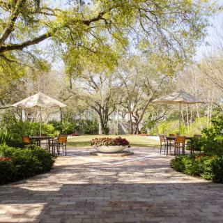 A serene garden setting with outdoor tables and umbrellas, surrounded by lush trees.