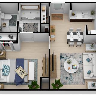 A detailed 3D floor plan of a modern apartment featuring a bedroom, bathroom, living room, and dining area.