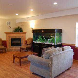 A cozy living room featuring a sleek aquarium, comfortable seating, and a warm fireplace.