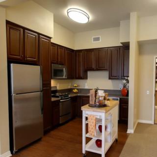 A modern kitchen with dark wood cabinets and stainless steel appliances.