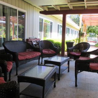 Cozy outdoor patio with comfortable seating and tables under a covered area.