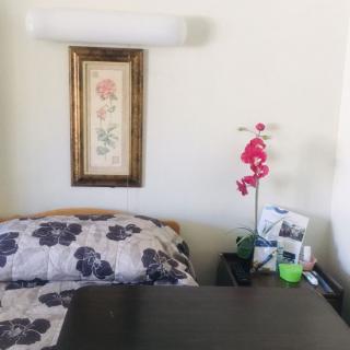 A cozy bedroom corner with a framed artwork, a floral bedspread, and a small table adorned with an orchid.