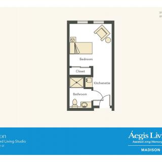 A floor plan of a studio apartment designed for assisted living.