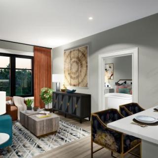 A modern living room with stylish furniture and contemporary artwork.