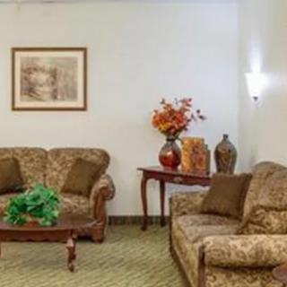 A cozy living room with patterned sofas, a decorative table, and framed artwork on the wall.