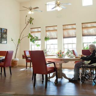 A spacious and bright lounge area designed for senior living, featuring accessible seating and natural elements.