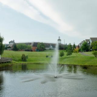 A picturesque landscape featuring a central fountain in a pond, surrounded by grassy fields and distant buildings.