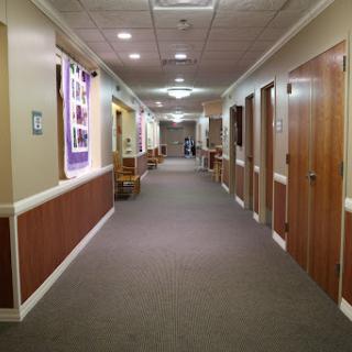 A well-lit interior hallway featuring various doors and decorative elements.