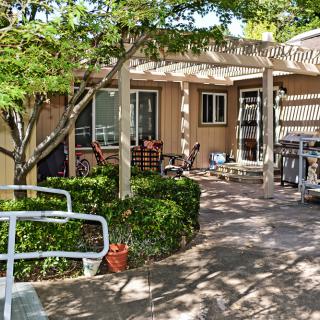 A cozy outdoor patio area with a pergola, surrounded by trees and plants, featuring seating arrangements and dappled sunlight.
