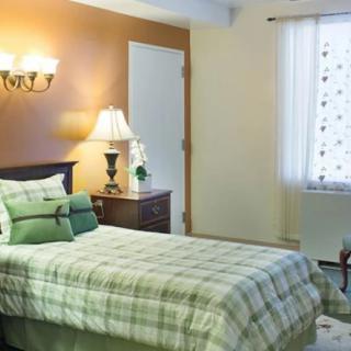 Cozy bedroom with a single bed, bedside lamp, and window with patterned curtains.