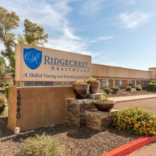 The Ridgecrest Healthcare facility sign displayed prominently, surrounded by landscaped areas.