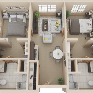 A detailed floor plan of a two-bedroom apartment with a living room, kitchen, and bathroom.