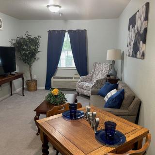 A cozy living room with a sofa, chair, TV, and dining area.
