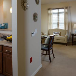 A modern apartment interior featuring an open kitchen and cozy living room with stylish decor.