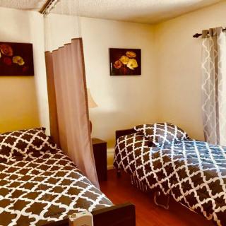 A cozy bedroom featuring twin beds with geometric patterned covers, decorated with wall art and soft curtains.