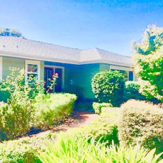 A charming house surrounded by lush greenery and a clear blue sky.