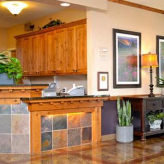 A cozy reception area featuring wooden furniture, decorative plants, and framed artwork.