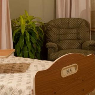 A room featuring a hospital bed, an armchair, curtains, and plants.