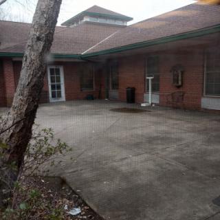 A quiet courtyard featuring a brick building and a solitary tree under an overcast sky.