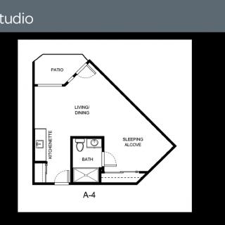 Studio apartment floor plan with a kitchen, living/sleeping area, and bathroom.