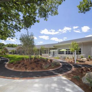 A modern building surrounded by a landscaped garden with trees and a paved walkway under a clear blue sky.
