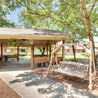 A serene outdoor space featuring a swing and shaded by trees, perfect for relaxation.