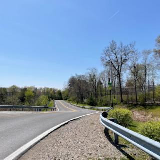 A scenic view of a curved road surrounded by trees under a clear blue sky.